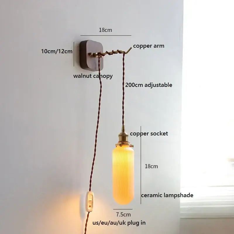 Japanese ribbed glass ceramic led wall light for bedroom
