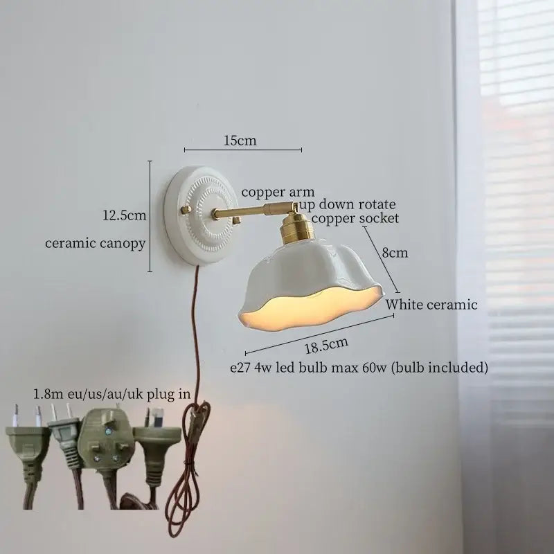 Japanese vintage white ceramic led wall sconce bedroom light