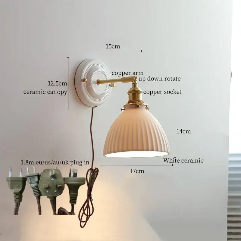 Japanese vintage white ceramic led wall sconce bedroom light