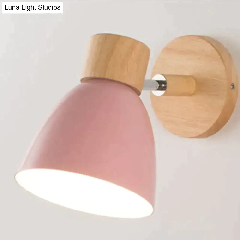 Pink matte joan wooden reading wall lamp with natural wood base and mounting plate for bedroom lighting