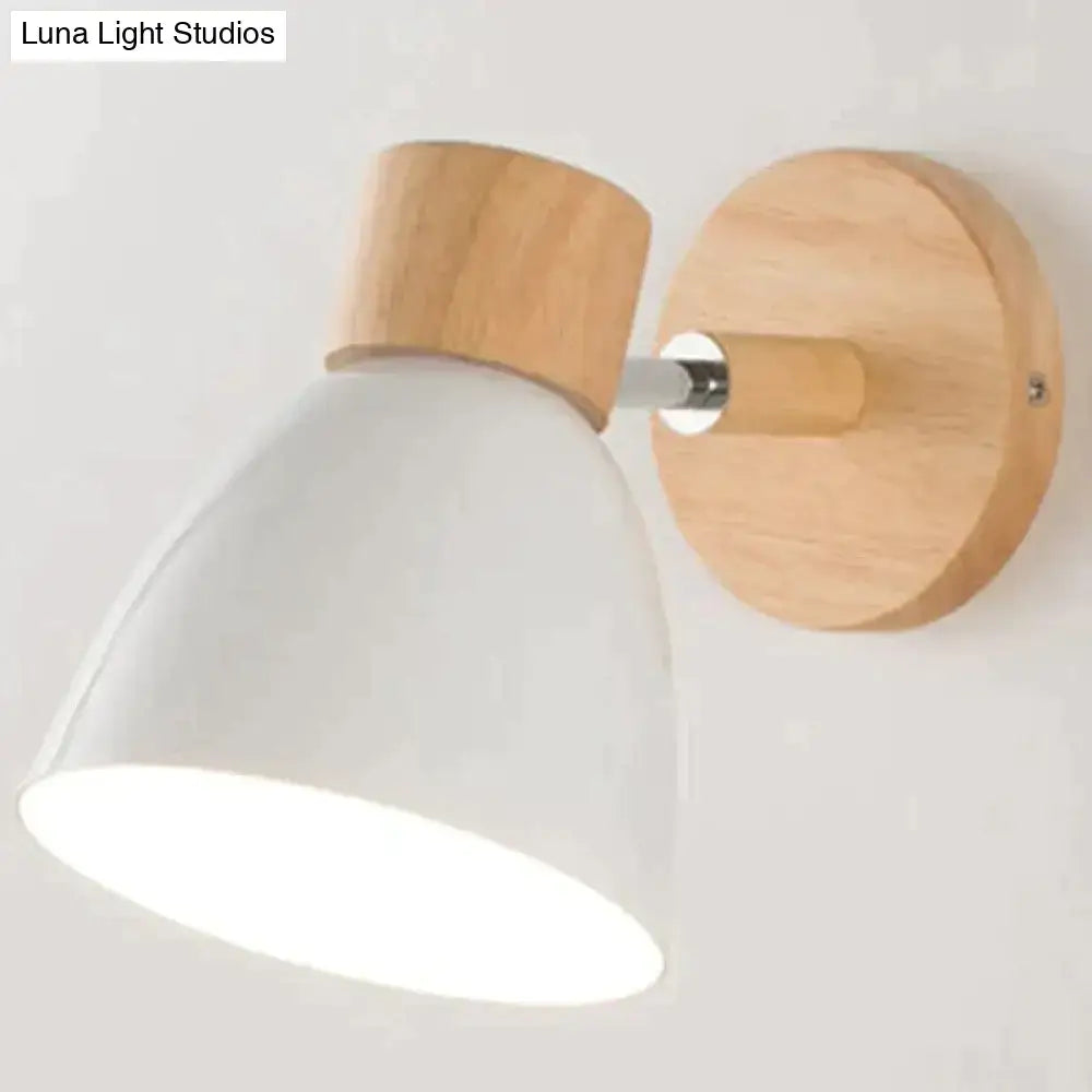 Minimalist joan wooden reading wall lamp with white conical shade yellow natural wood and polished chrome hardware