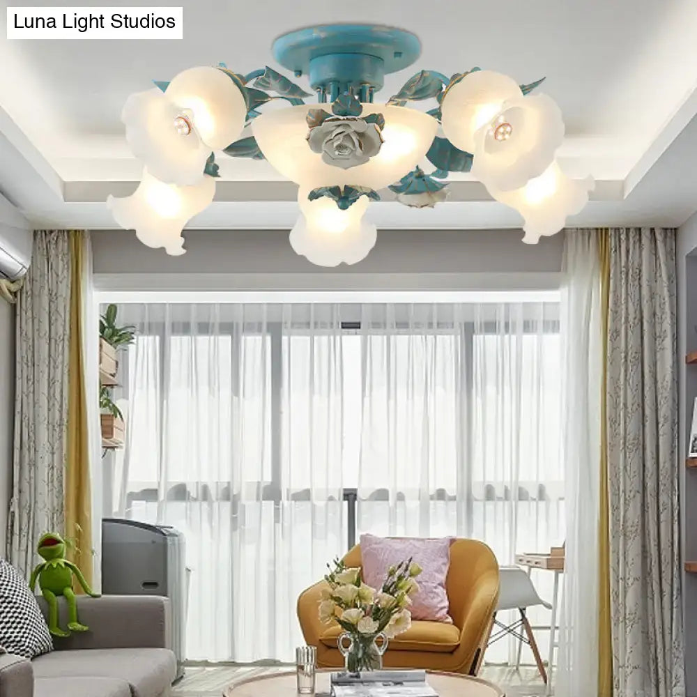 Korean garden flower teal frost glass ceiling light bedroom