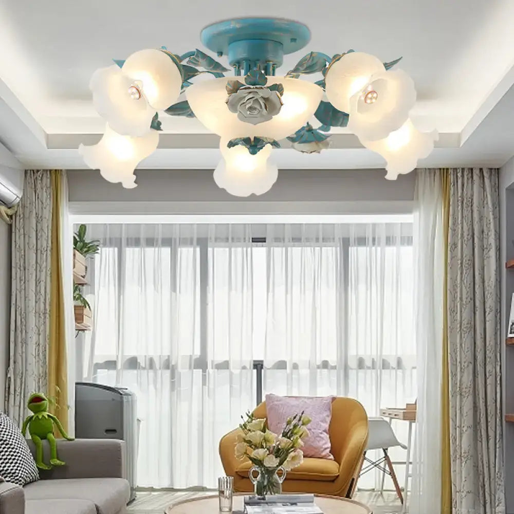 Korean garden flower teal frost glass ceiling light bedroom