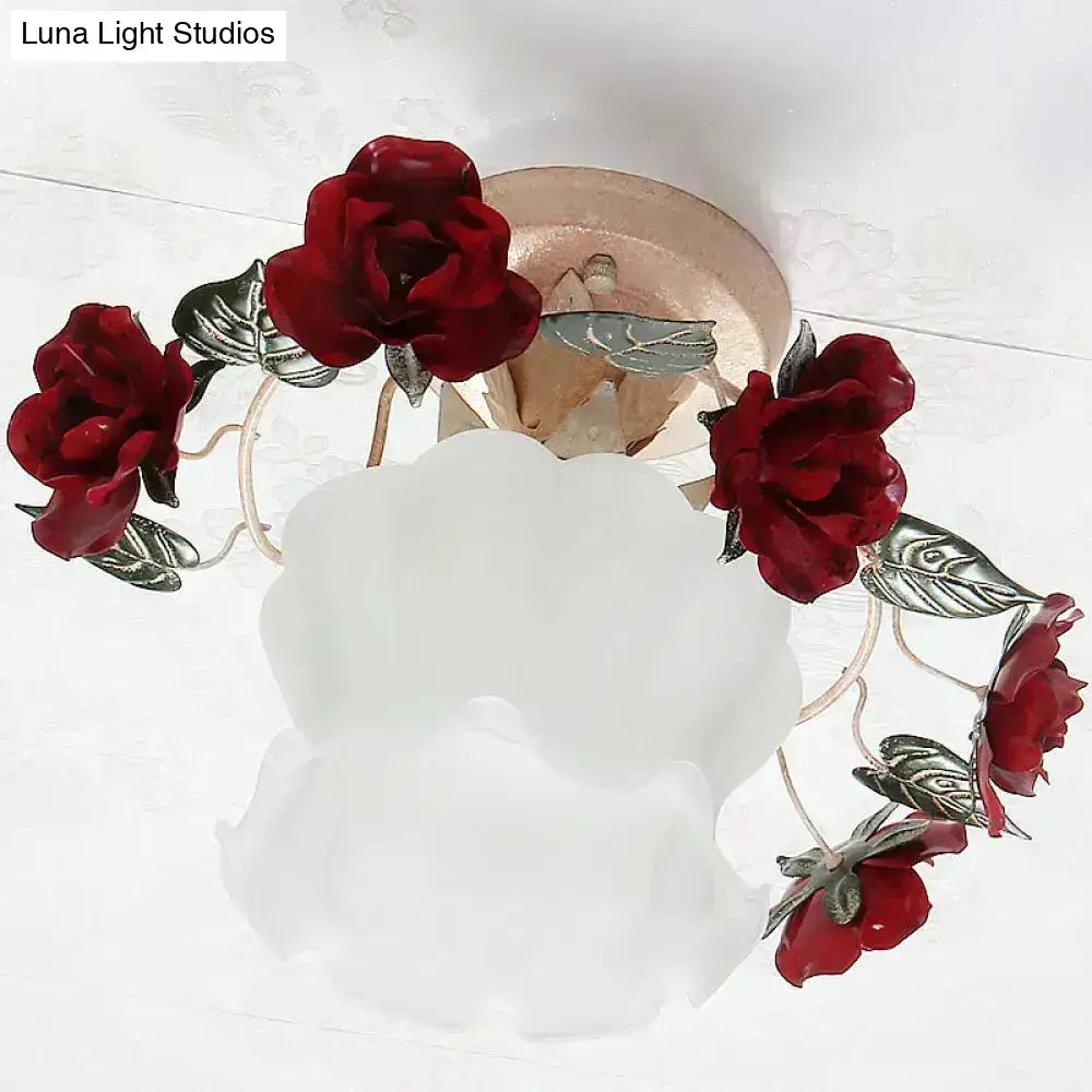 Korean garden ruffle frost white glass ceiling light bedroom rose deco