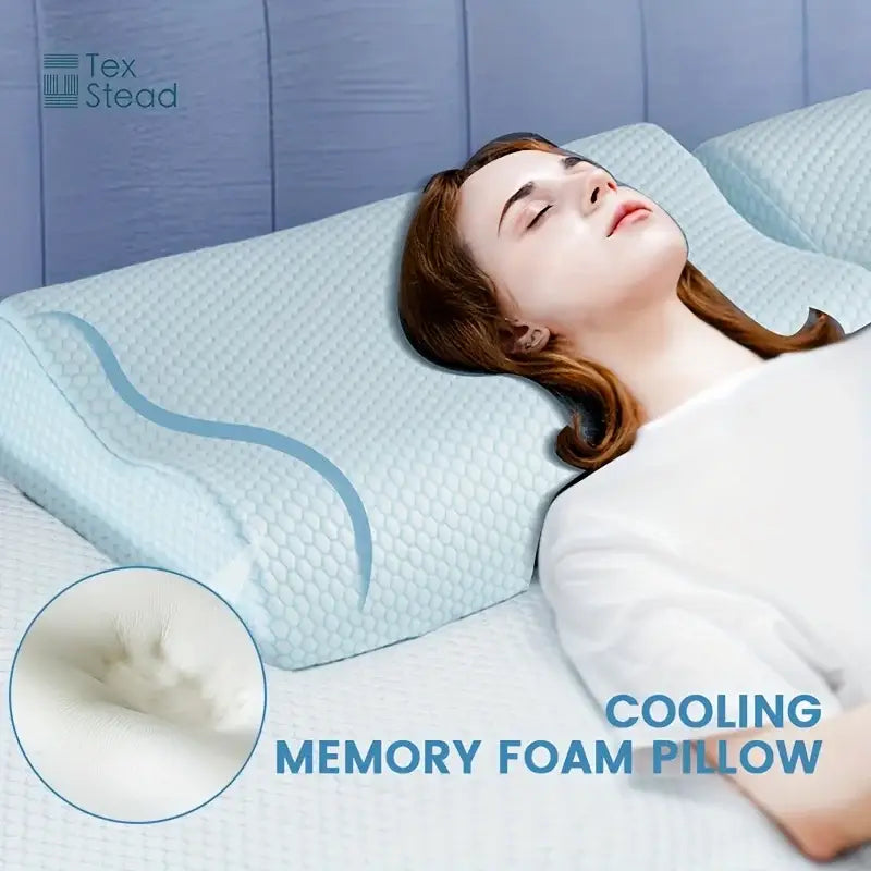 Light blue cooling memory foam contour neck pillow bedroom support