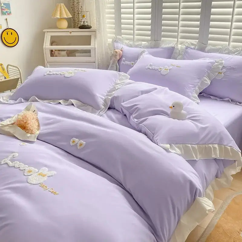 Light blue cotton bedding set with bunny embroidery bedroom decor