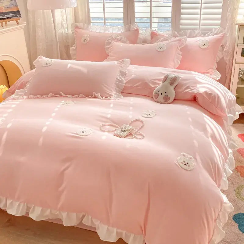 Light blue cotton bedding set with bunny embroidery bedroom decor