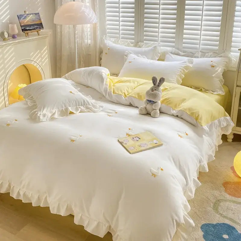 Light blue cotton bedding set with bunny embroidery bedroom decor