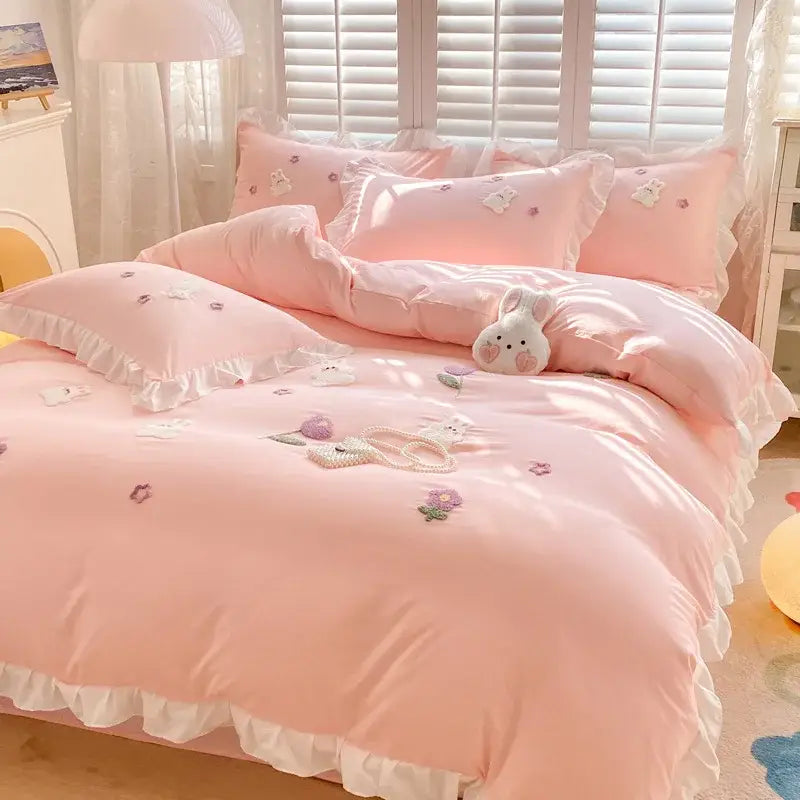 Light blue cotton bedding set with bunny embroidery bedroom decor