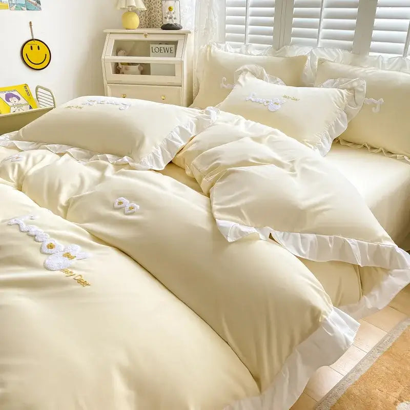 Light blue cotton bedding set with bunny embroidery bedroom decor