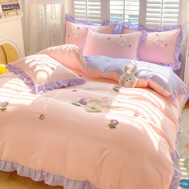 Light blue cotton bedding set with bunny embroidery bedroom decor