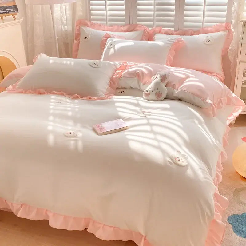 Light blue cotton bedding set with bunny embroidery bedroom decor