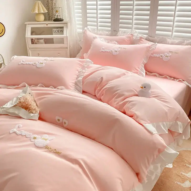 Light blue cotton bedding set with bunny embroidery bedroom decor