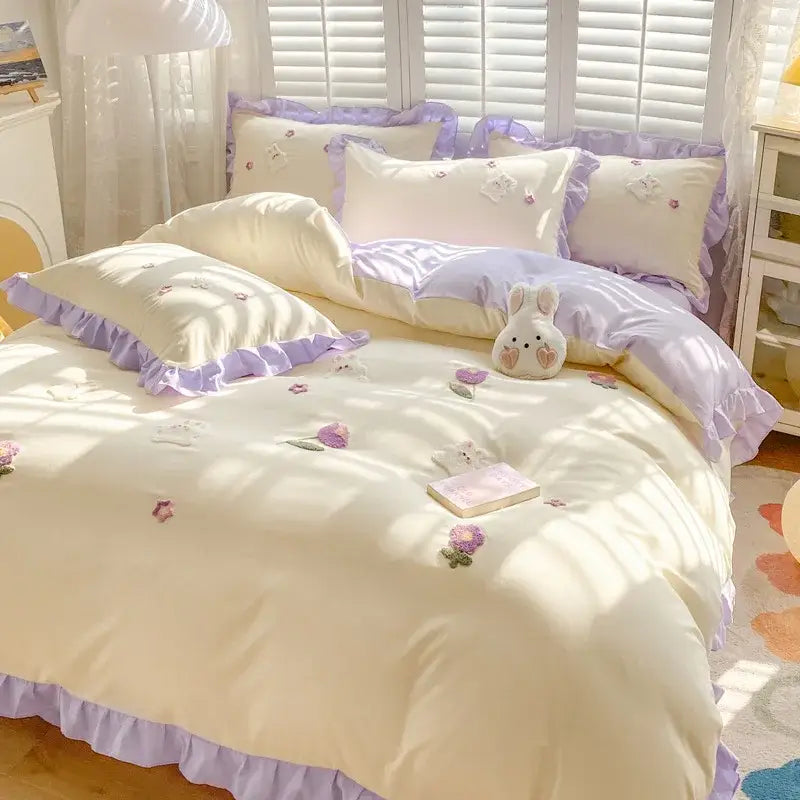 Light blue cotton bedding set with bunny embroidery bedroom decor