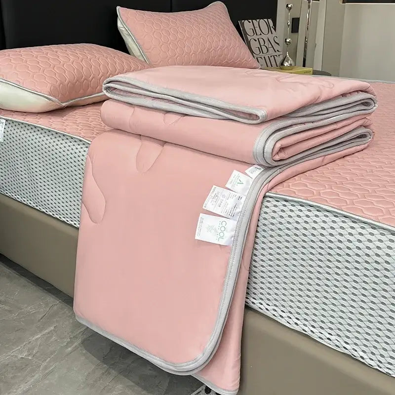 Light blue ice silk quilt set bedroom cool feeling bedding
