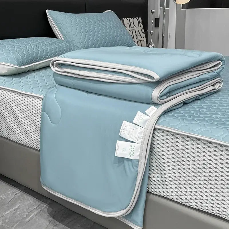 Light blue ice silk quilt set bedroom cool feeling bedding