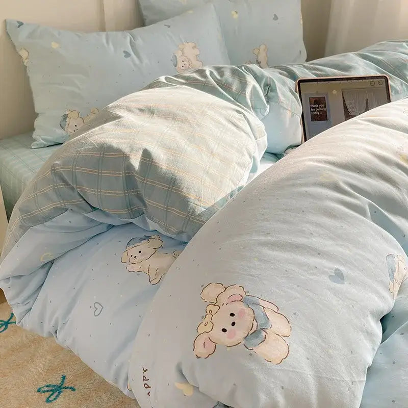 Light blue puppy cartoon pattern bedding set bedroom cotton sheets