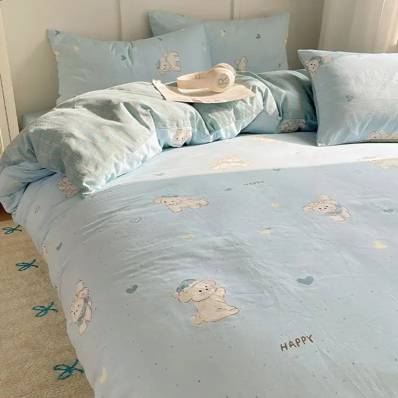 Light blue puppy cartoon pattern bedding set bedroom cotton sheets