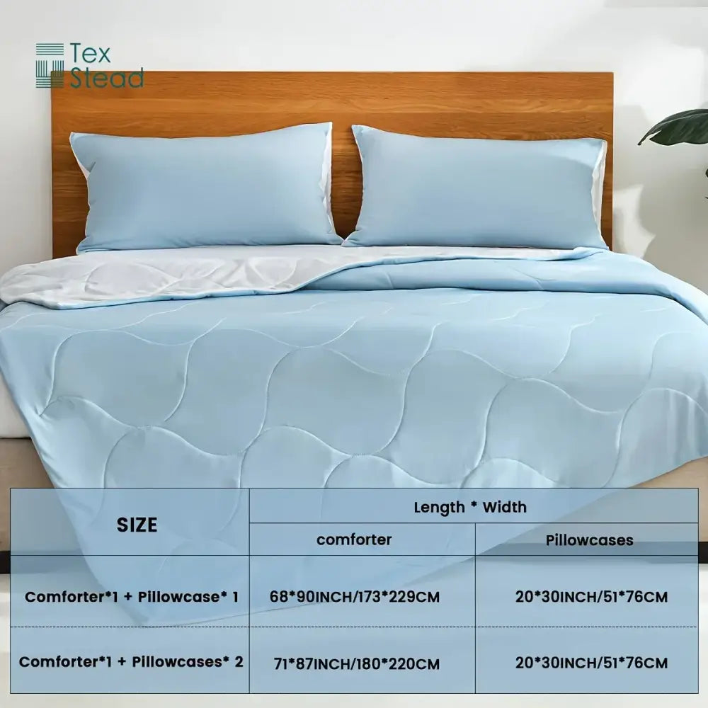 Light blue & white quilted cooling comforter bedroom duvet