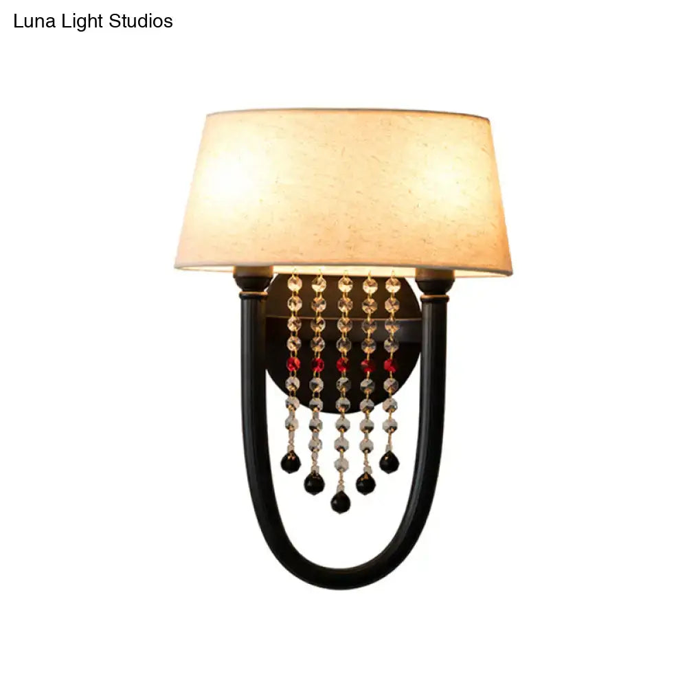 Lodge black fabric drum wall lamp bedroom crystal bead detail
