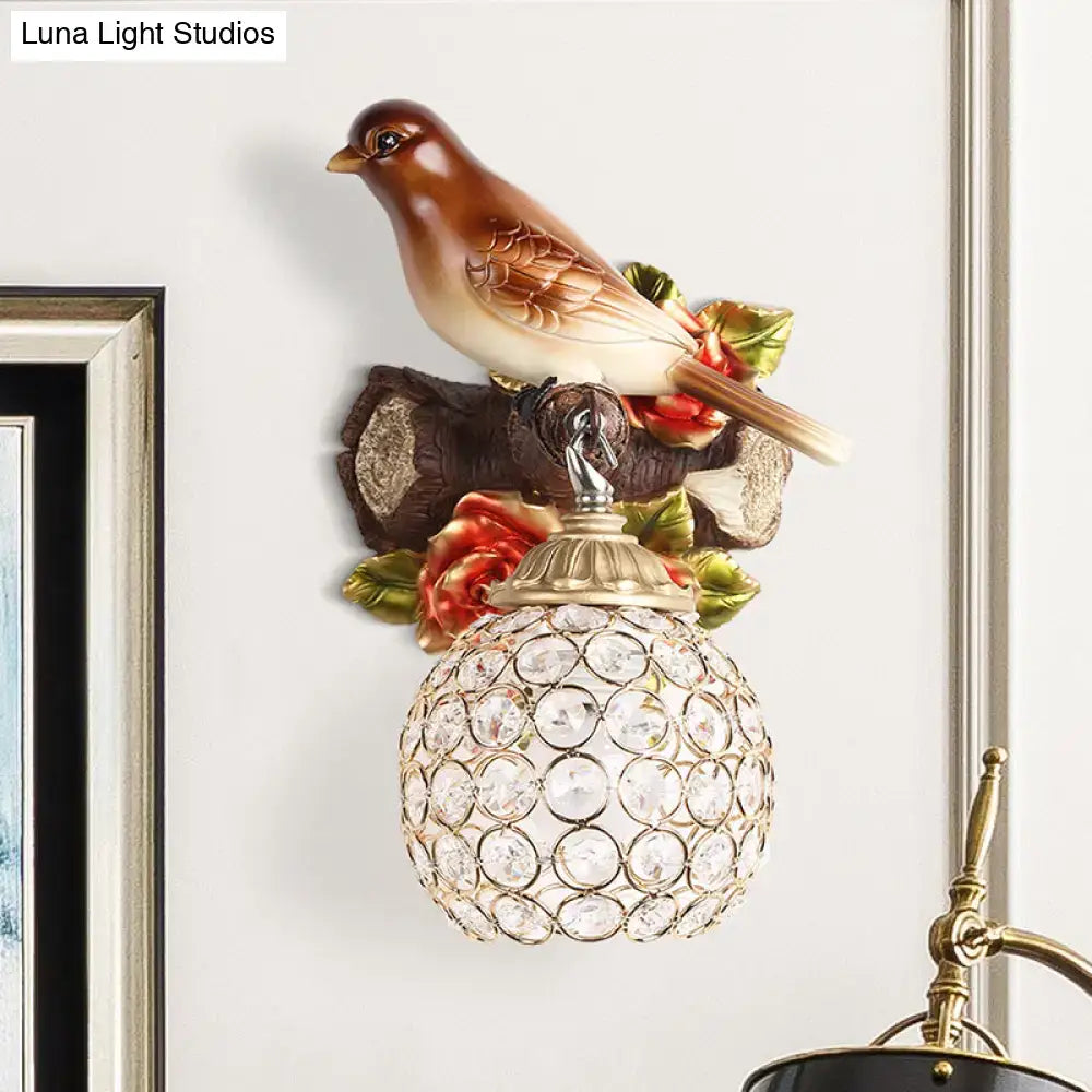 Lodge brown & cream bird wall sconce bedroom crystal global shade