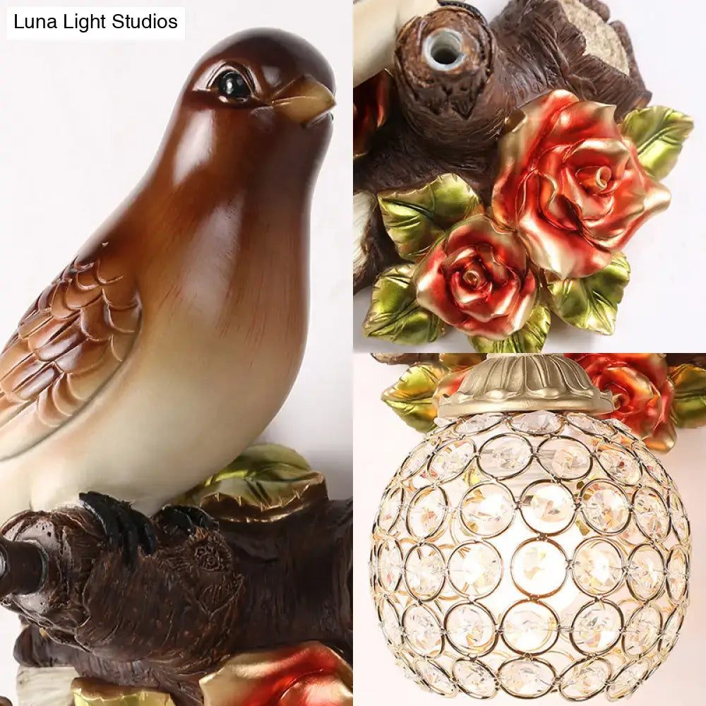 Lodge brown & cream bird wall sconce bedroom crystal global shade