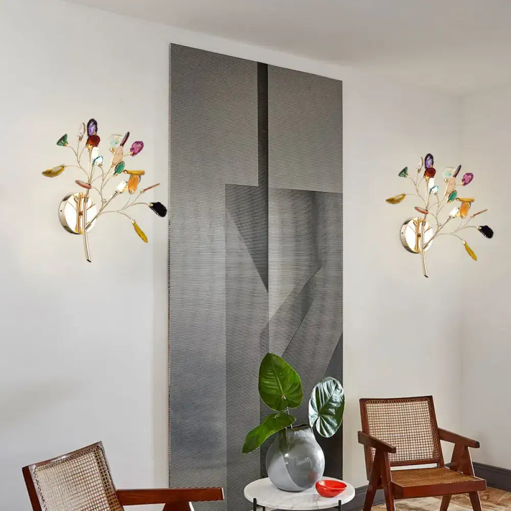 Lodge gold metallic branch wall lighting with colored crystal deco