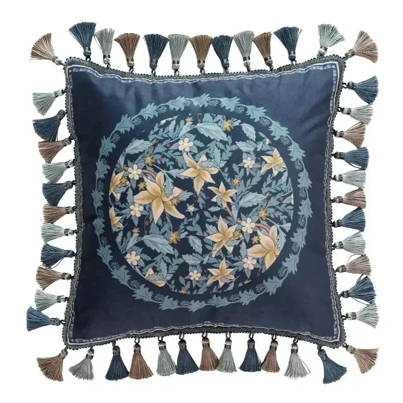 Luxe blue & gold camellia floral velvet cushion cover living room