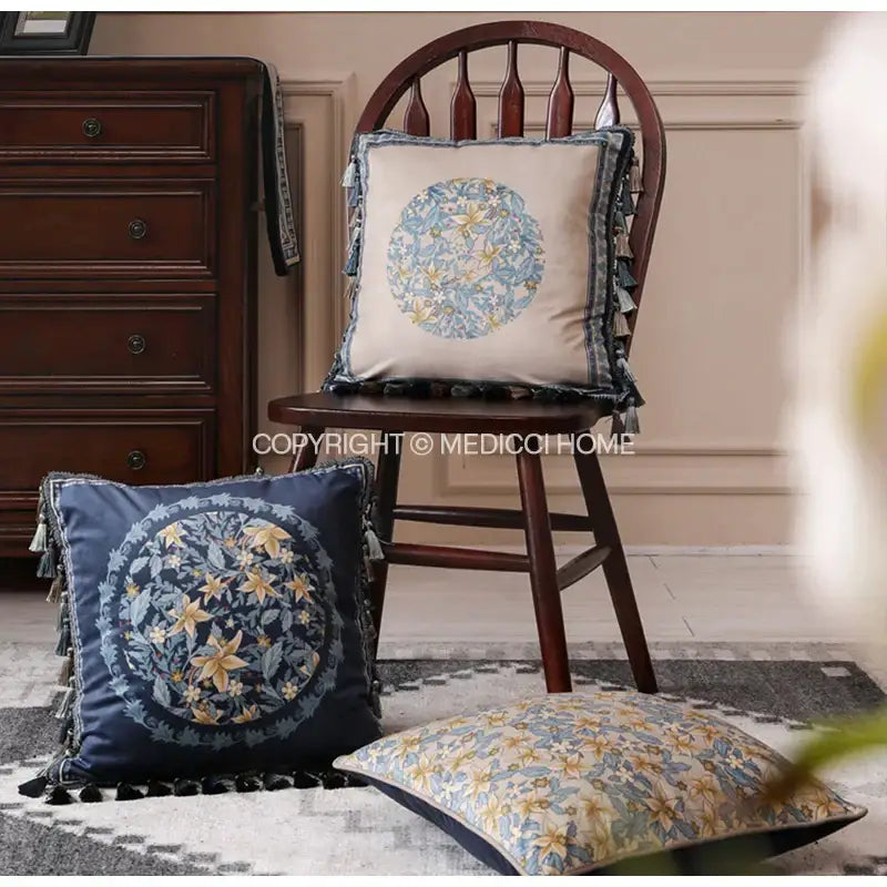 Luxe blue & gold camellia floral velvet cushion cover living room