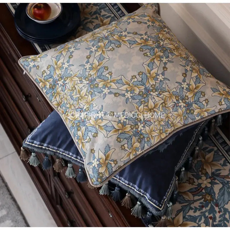 Luxe blue & gold camellia floral velvet cushion cover living room