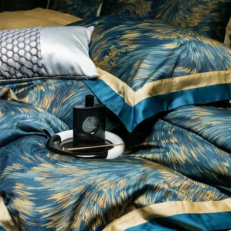 Luxurious navy & gold feather bedding set bedroom blue starry sky