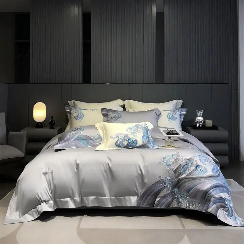 Luxury blue tides waves embroidery bedding set bedroom white satin