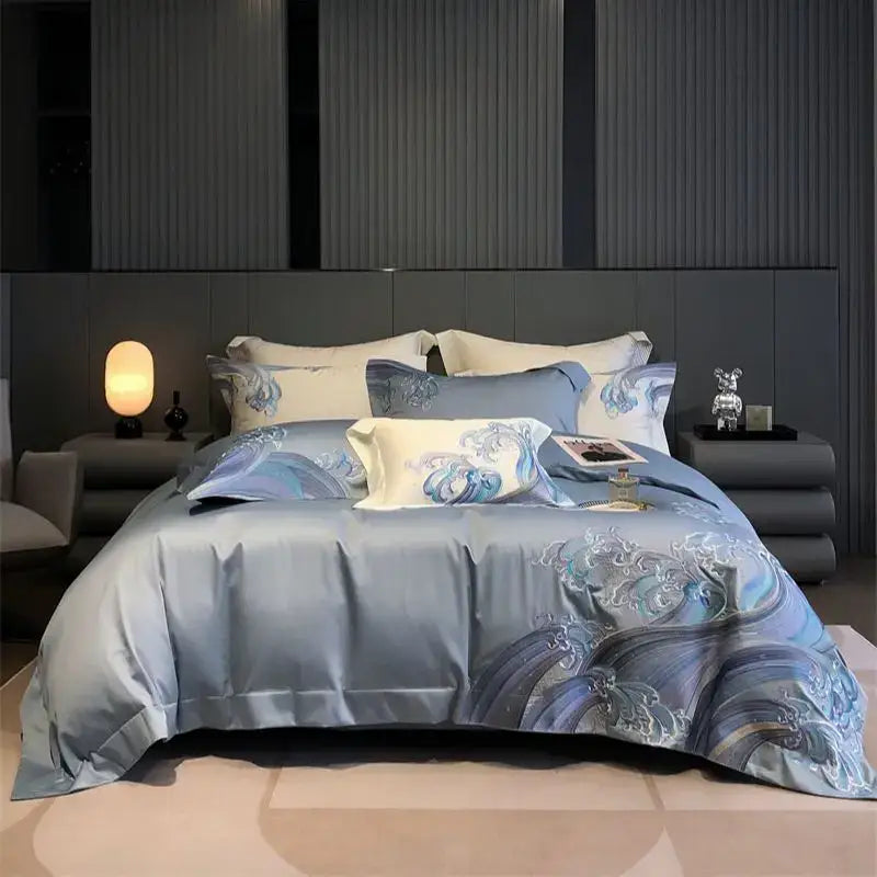Luxury blue tides waves embroidery bedding set bedroom white satin