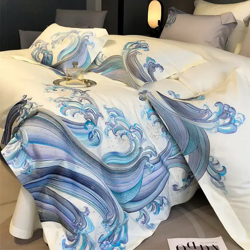 Luxury blue tides waves embroidery bedding set bedroom white satin