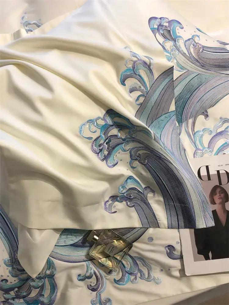 Luxury blue tides waves embroidery bedding set bedroom white satin