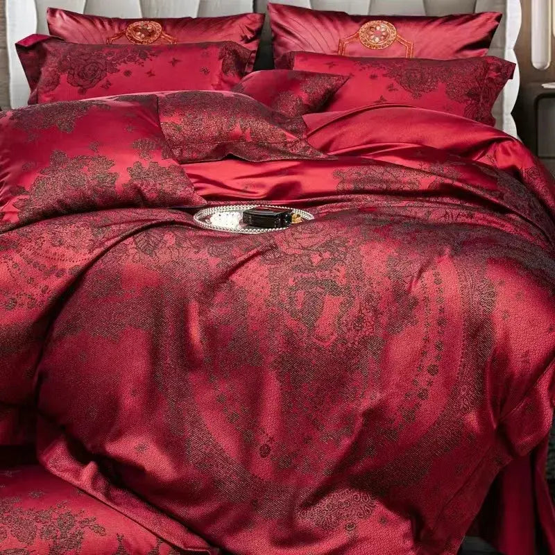 Luxury burgundy red egyptian cotton bedding set bedroom floral jacquard