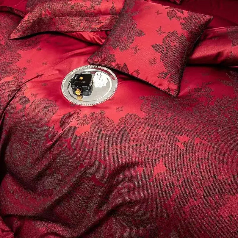 Luxury burgundy red egyptian cotton bedding set bedroom floral jacquard