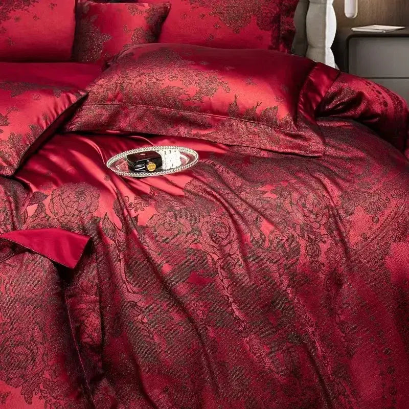 Luxury burgundy red egyptian cotton bedding set bedroom floral jacquard