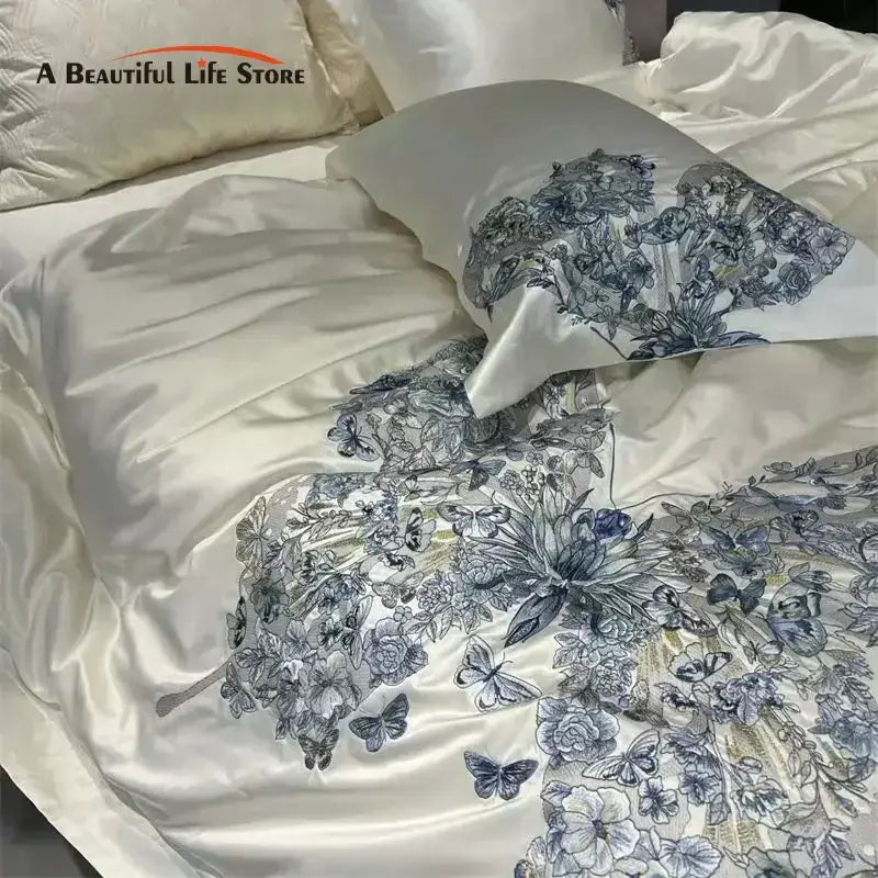 Luxury cream & blue butterfly flowers embroidery bedding set bedroom