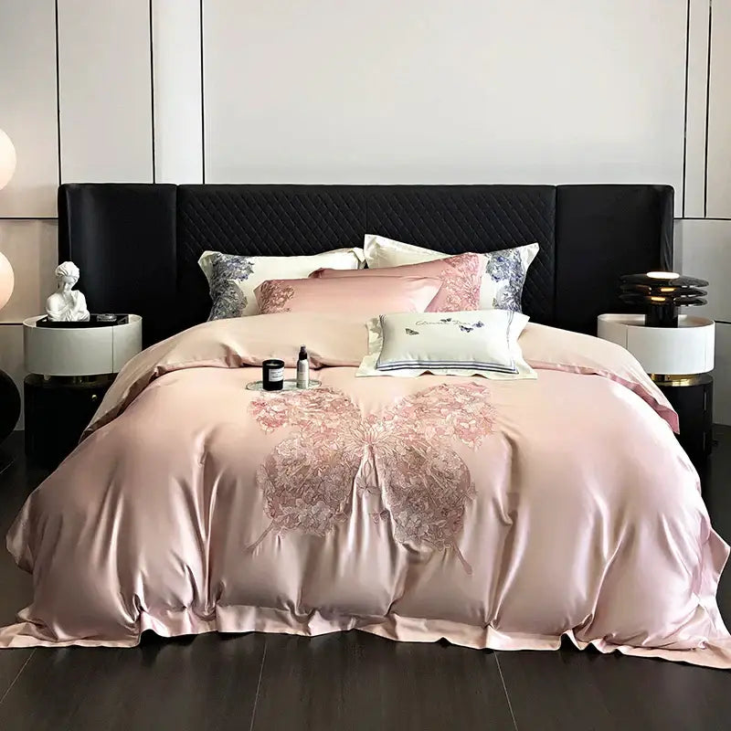 Luxury cream & blue butterfly flowers embroidery bedding set bedroom