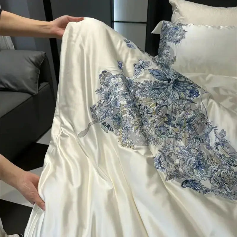Luxury cream & blue butterfly flowers embroidery bedding set bedroom