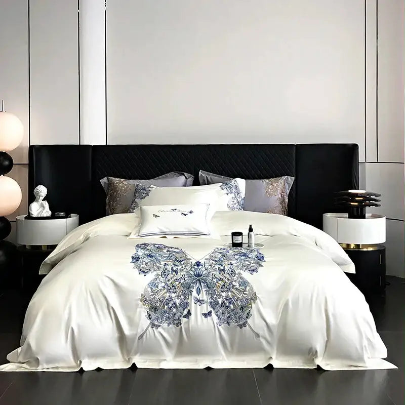 Luxury cream & blue butterfly flowers embroidery bedding set bedroom