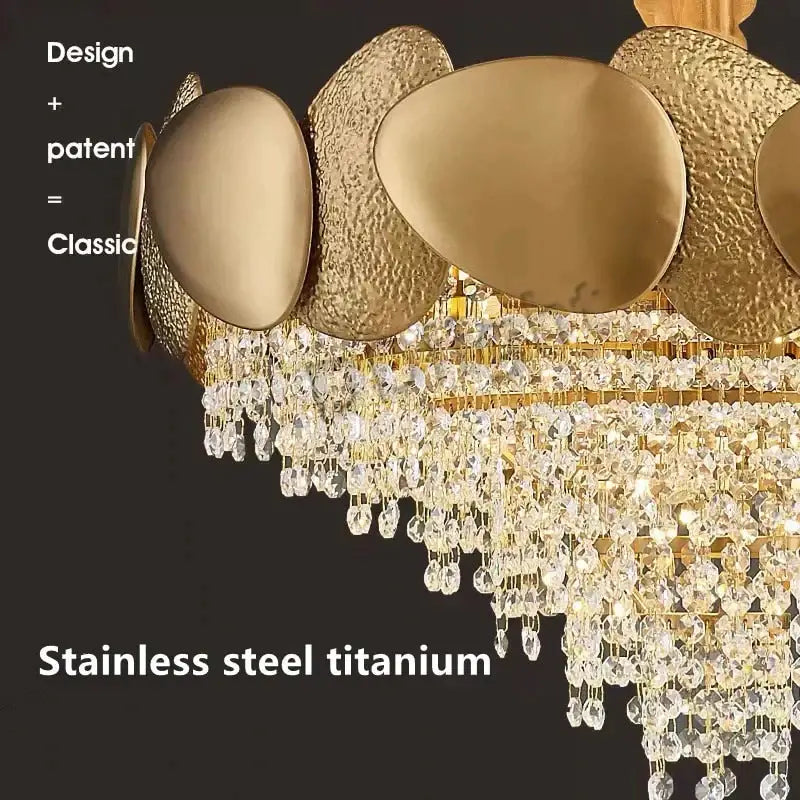 Decorbites™ lizzie gold-toned led ceiling chandelier with textured metallic plates and cascading crystal droplets