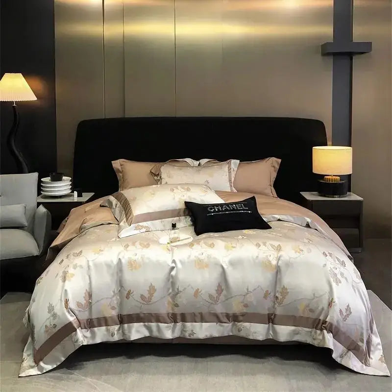 Luxury gold & silver brocade satin jacquard bedding set bedroom
