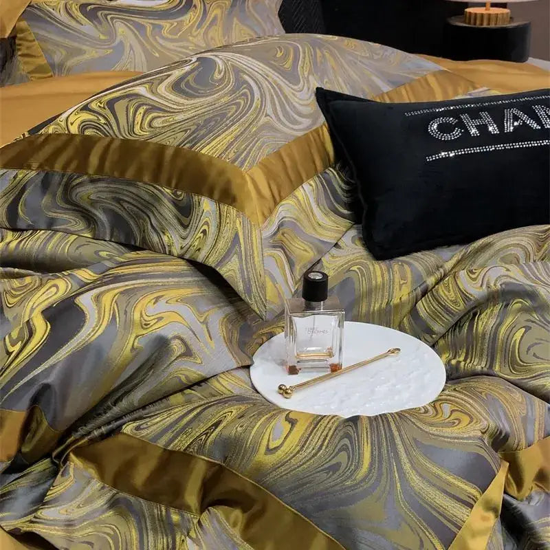 Luxury gold & silver brocade satin jacquard bedding set bedroom
