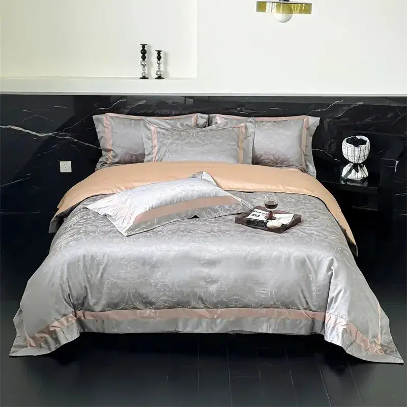 Luxury gold & silver brocade satin jacquard bedding set bedroom