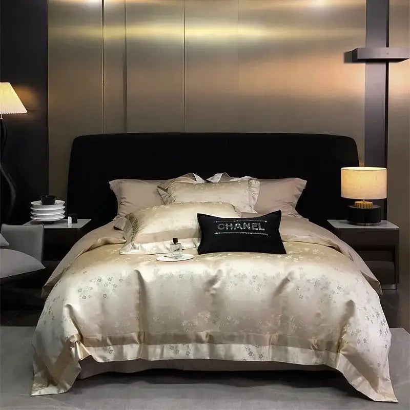 Luxury gold & silver brocade satin jacquard bedding set bedroom