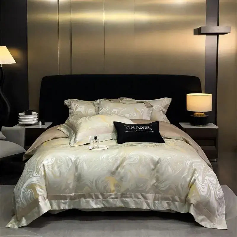Luxury gold & silver brocade satin jacquard bedding set bedroom