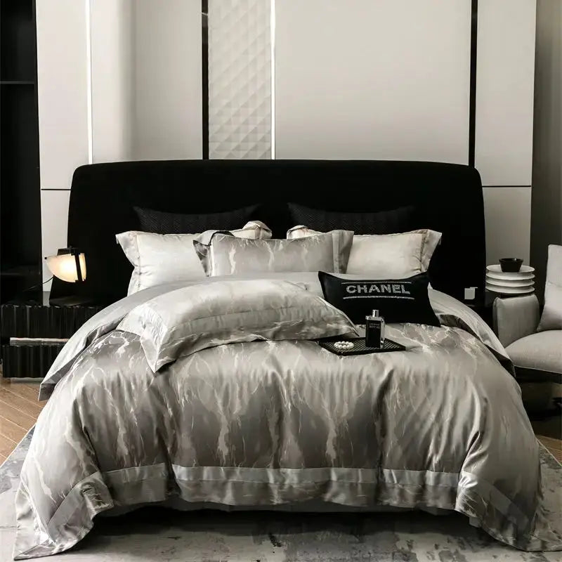 Luxury gold & silver brocade satin jacquard bedding set bedroom