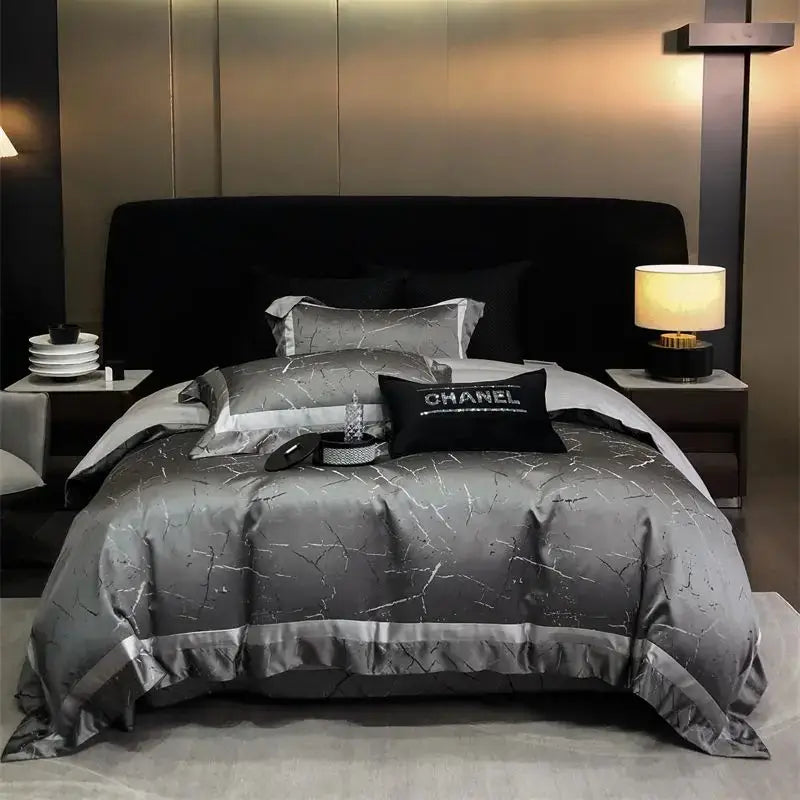 Luxury gold & silver brocade satin jacquard bedding set bedroom